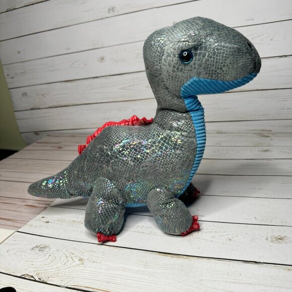 Metallic Sparkly Brontosaurus Dinosaur Plush Toy With Blue Belly & Red Spikes - Picture 3 of 8